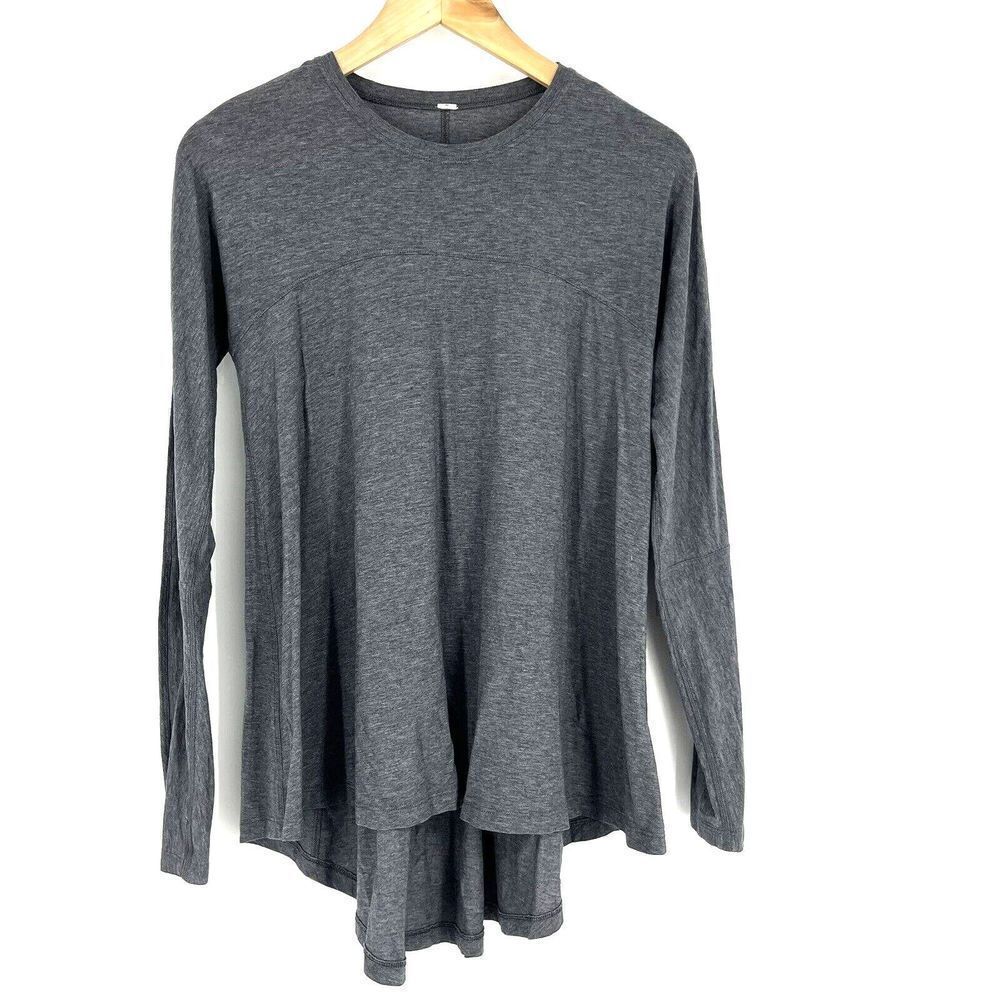 Lululemon Acadia Top Size 6 Gray Long Sleeve Heathered Pitch Pima Cotton T Shirt